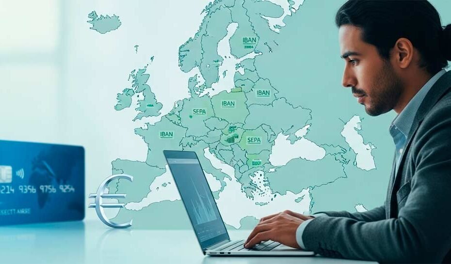 Como tener una cuenta bancaria europea. Profesional latinoamericano usando laptop, fondo mapa de Europa