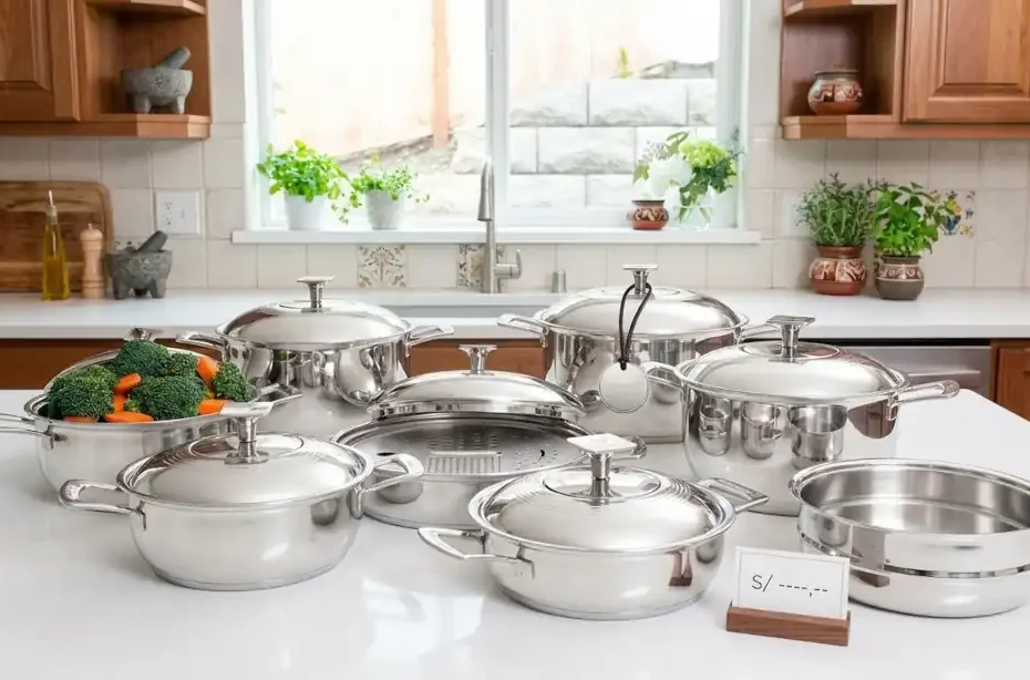 Juego de ollas Rena Ware de acero inoxidable en cocina moderna