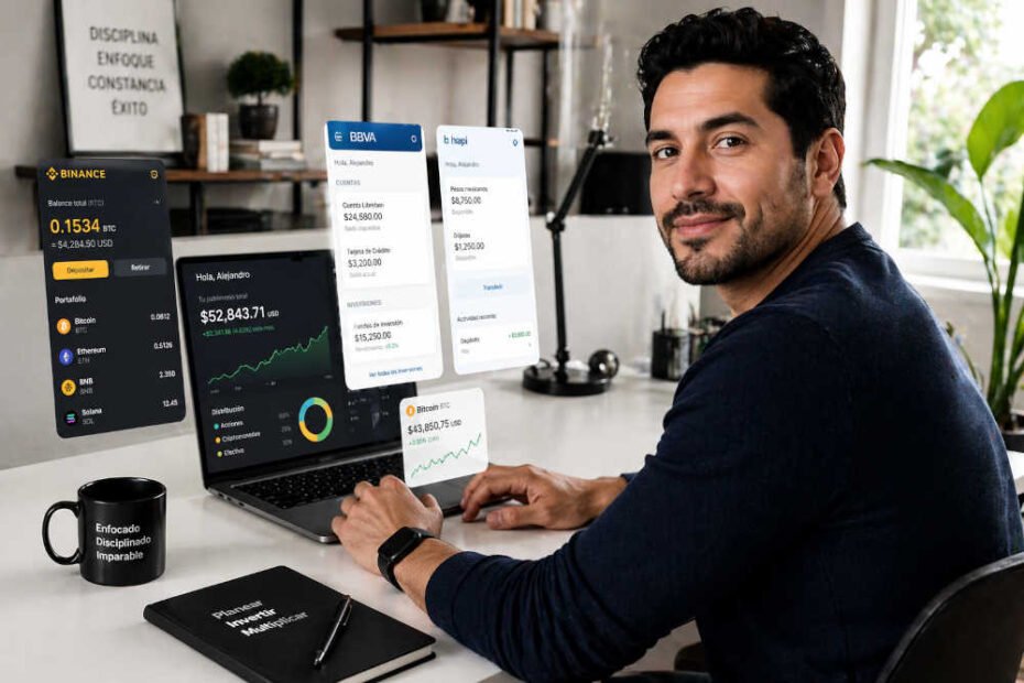 Independencia Financiera Digital: Persona recuperando control de sus finanzas digitales con múltiples opciones bancarias y alternativas descentralizadas en pantalla