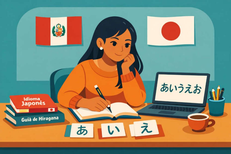 Mujer peruana estudiando japonés online con libros y laptop