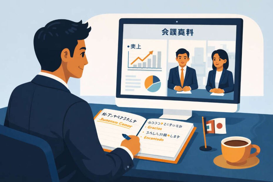 A professional Peruvian man in a business meeting via video call with Japanese colleagues