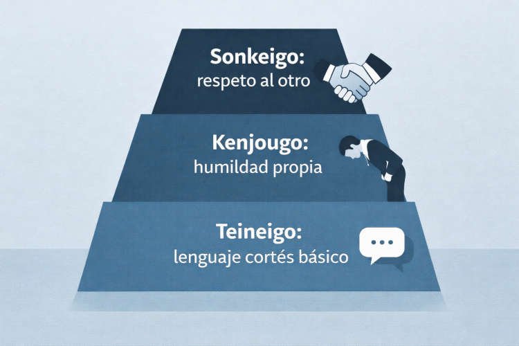 illustration showing three levels of Japanese keigo formality as a visual pyramid or ladder