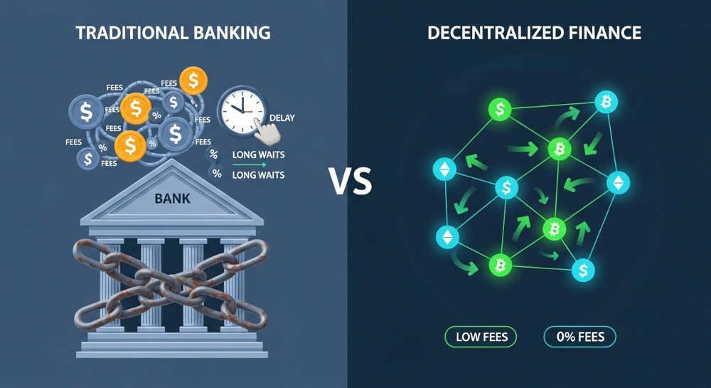 Diagrama comparativo mostrando sistema bancario tradicional centralizado versus alternativas financieras digitales descentralizadas