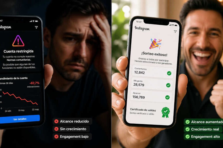 Sorteos en Instagram Sin Que Te Baneen: Comparación antes y después de sorteos Instagram: cuenta restringida con baneo vs sorteo exitoso sin penalización en 2026