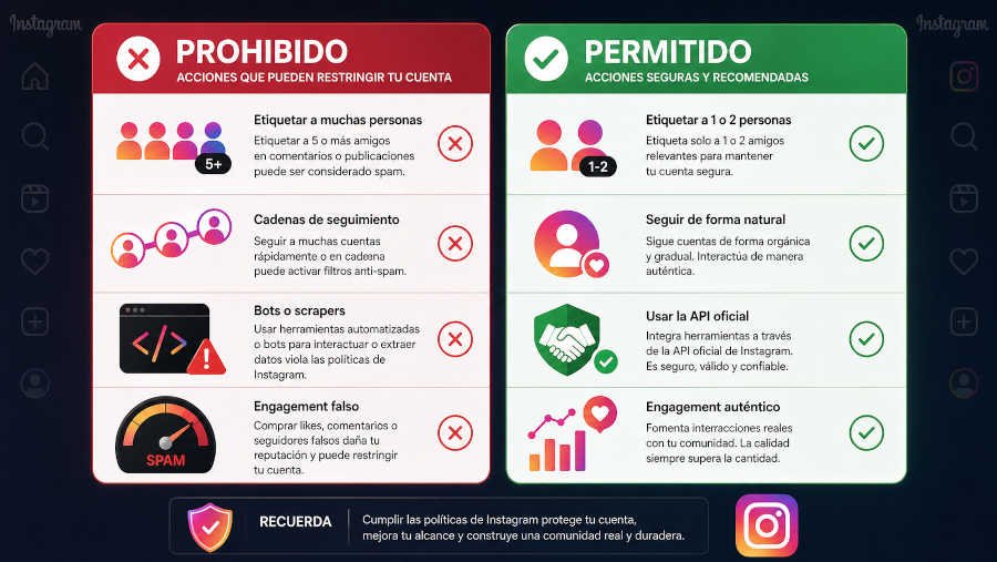Tabla comparativa mecánicas permitidas y prohibidas en sorteos Instagram según políticas Meta actualizadas 2026
