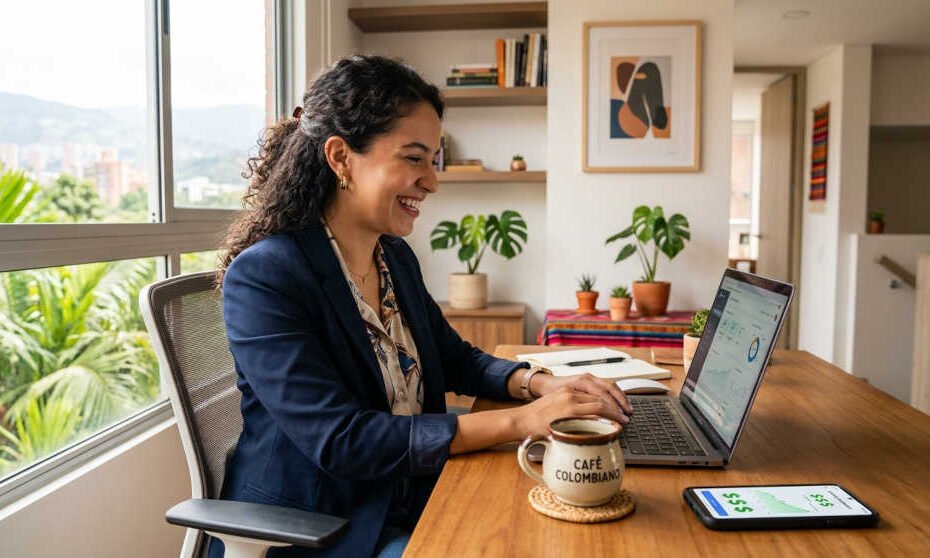Mujer latinoamericana trabajando desde casa en laptop cobrando en dólares a través de plataformas freelance