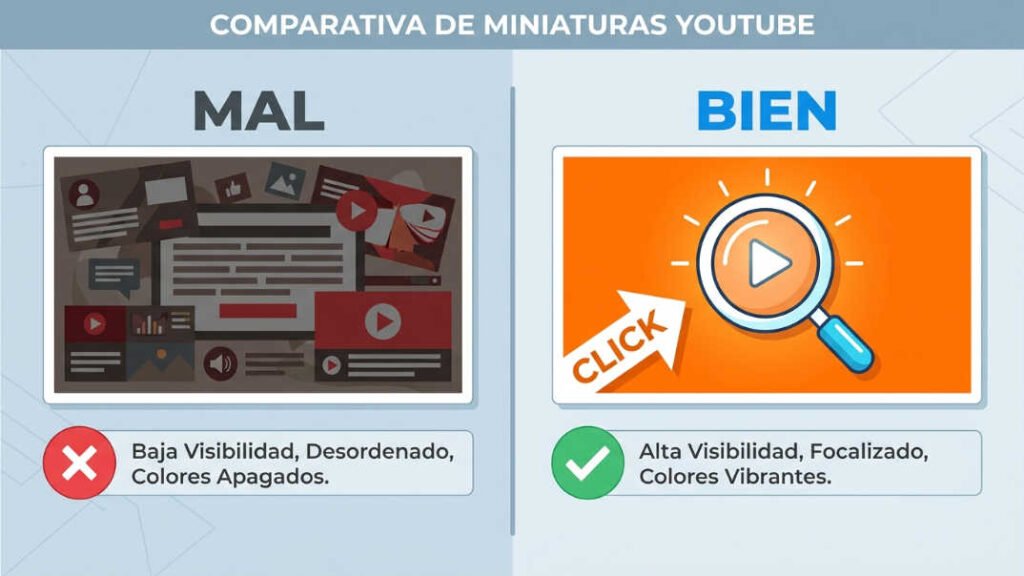 Comparativa de miniatura mal diseñada vs miniatura optimizada para monetizar YouTube