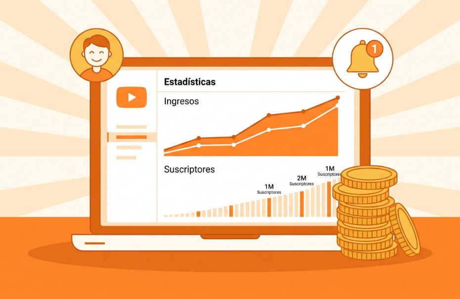 Panel de ingresos de YouTube con gráfica ascendente representando ganar dinero con YouTube