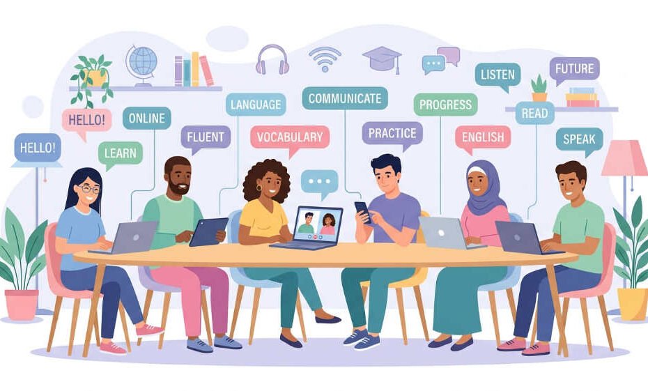 Persona practicando inglés online con recursos gratis y laptop