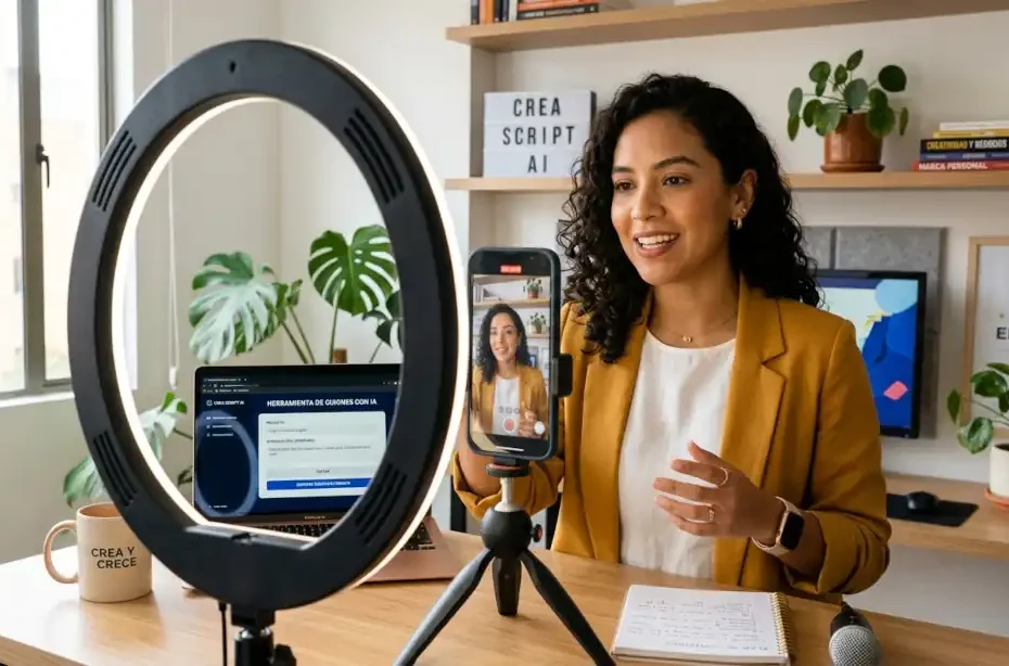 Emprendedor grabando video para TikTok con apoyo de inteligencia artificial