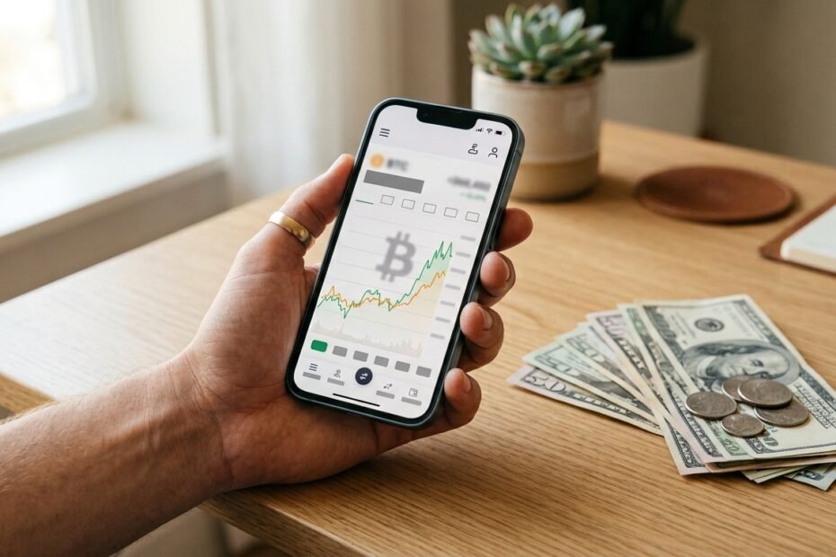 Cómo empezar en bitcoin con poco dinero: persona comprando bitcoin con poco dinero desde su celular