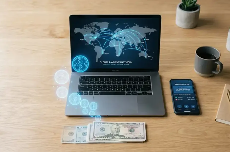 Freelancer cobrando pagos internacionales digitales sin oficina física