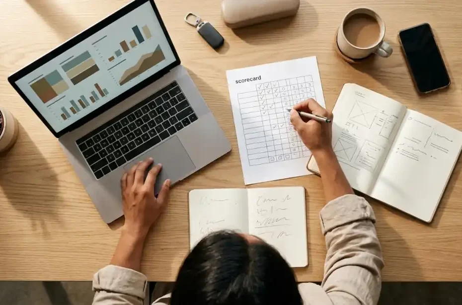Persona comparando las mejores empresas de network marketing en una laptop